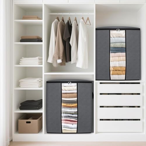 6 Pack Clothes Storage Bags 80L Blanket Storage Containers with Window Grey | Large Comforter Organizer for Closet, Bedding, Quilts, Sheets and Pillows, Foldable Storage Bags for Home Organization
