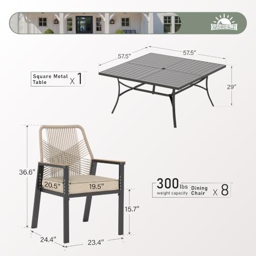 SUNSHINE VALLEY 9pc Patio Dining Set, 57.5" Square Table & 8 Rattan ...