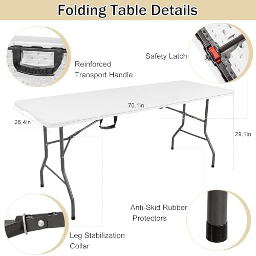 1 Set 6 FT Rectangle Folding Table with Carrying Handle, Lightweight Fold-in-...