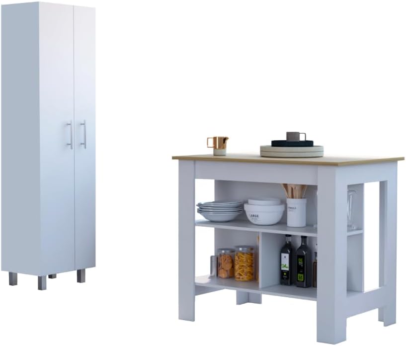9-Shelf 2-Door 2-Piece Kitchen Set with Island and Pantry in White | Combines...