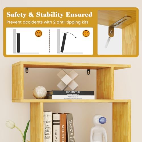 GIANTEX 6-Tier Geometric Bookshelf, S-Shaped Bookcase with 2 Anti-Tipping Kit...