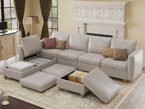 EASE MOOSE Leather Sectional L Shaped Sofa with Storage Ottomans, Whitesand |...