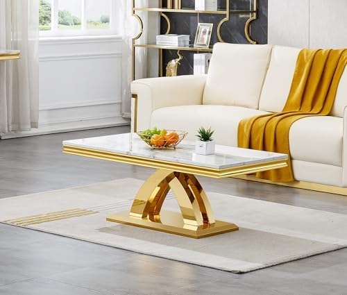 White Marble Coffee Table Set of 3, Modern Coffee Table and 2 Marble End Tabl...
