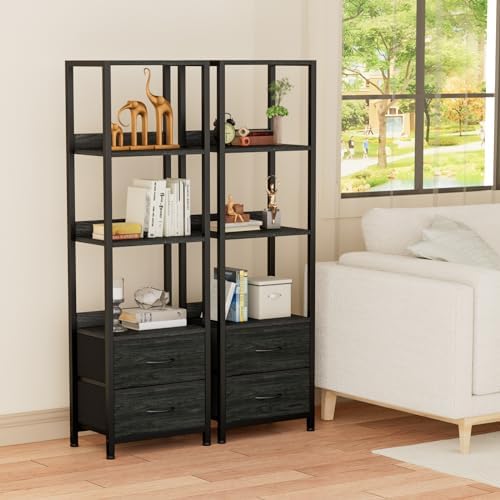 Furnulem 4 Tier Corner Shelf,Black Narrow Bookshelf with 2 Storage Drawers