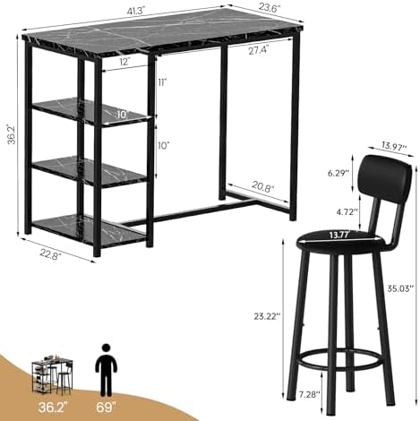 Recaceik Pub Dining Table Set for 2, Table and Bar Stools with 3 Storage Shel...