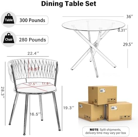 Round Glass Dining Table Set for 4, 36'' Small Circle Glass Kitchen T...