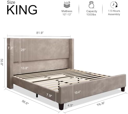 HOWE King Size Bed Frame with 50.8 Inch Corduroy Wingback Headboard, Taupe