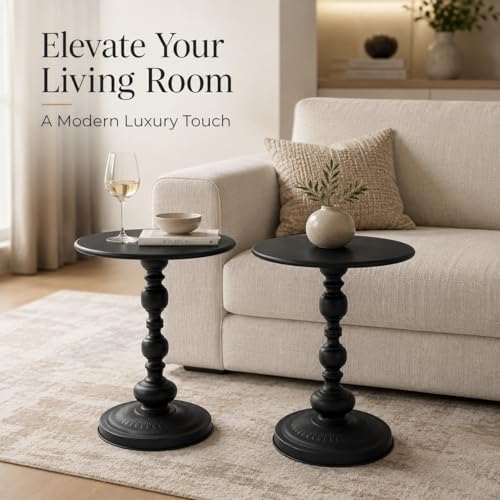 Vintage Matte Black Round Metal Side Table Set of 2 for Living Room, Office | End Tables, Nightstand, Drink and Coffee Accent Tables, Decorative Sofa Bedside Tables for Small Space, Bedroom, Apartment