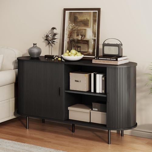 ComfyCorner 55" Fluted Buffet Sideboard Cabinet with Sliding Door, Black