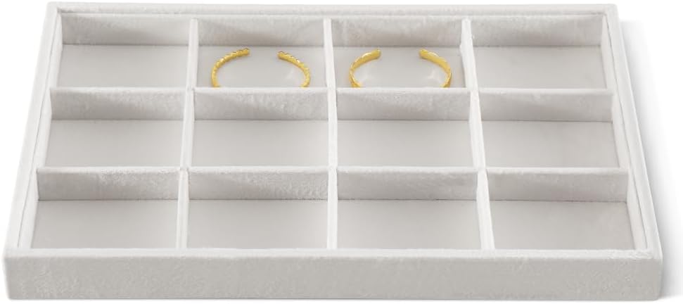 Velvet Stackable Jewelry Display Tray, 12 Grid Watch Bangle Bracelet Storage Tray, Makeup Drawer Insert Jewelry Shop Organizer Plate (White)