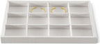 Velvet Stackable Jewelry Display Tray, 12 Grid Watch Bangle Bracelet Storage Tray, Makeup Drawer Insert Jewelry Shop Organizer Plate (White)