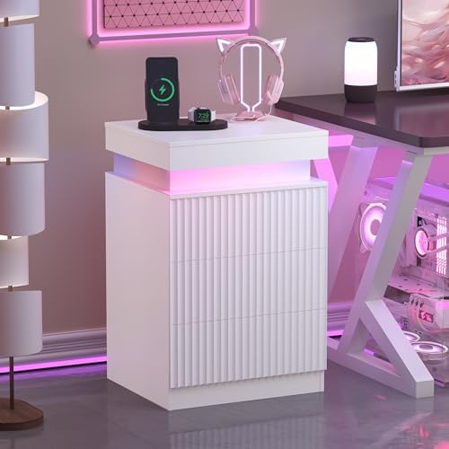 Nightstand Set of 2 for Bedroom, LED Nightstand with 3 Drawers and Charging S...