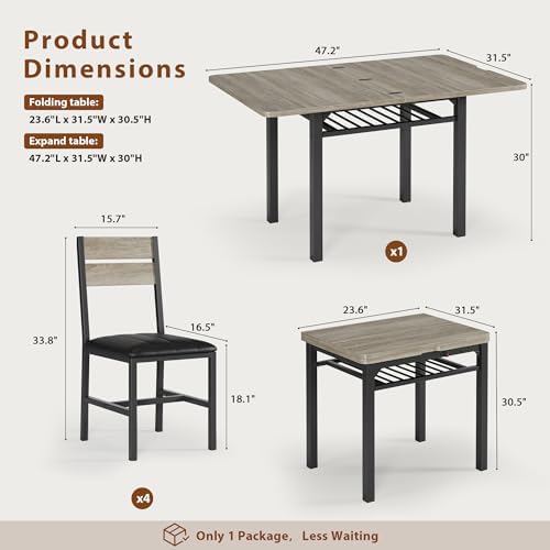 Extendable Dining Table Set for 4 with Shelf Rack&4 PU Leather Chairs Grey