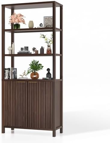VINGLI Bookcase with Fluted Doors, 71" Wood Storage Cabinet with Adjusta...