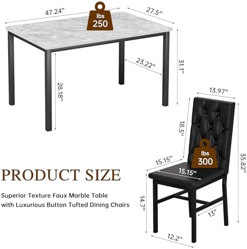 Hooseng Dining Table Set for 4, Faux Marble Small Kitchen Table Chairs Set of...