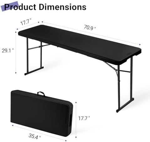 Byliable Folding Table 6FT Narrow Portable Plastic Heavy Duty Table, Black