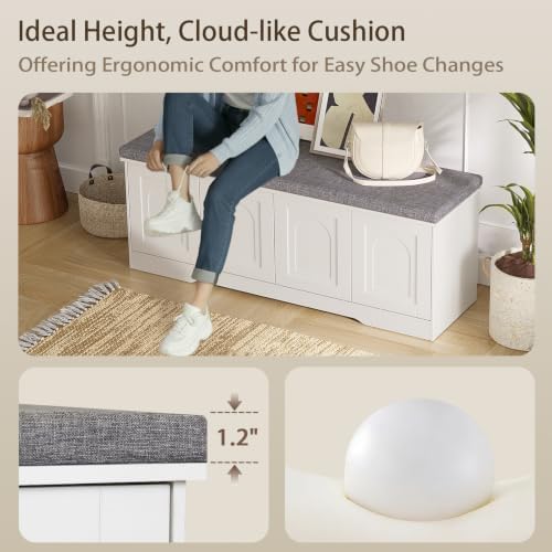 DINZI LVJ Shoe Storage Bench with Cushion, Door, White 47.2" LX17.7 H | ...