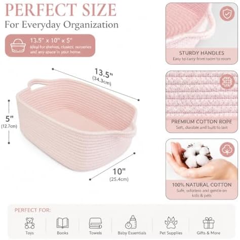XUANGUO Medium Woven Cotton Rope Storage Basket with Handles, Light Pink | Small decorative rectangle storage bin for baby nursery items and cat toys; ideal as an empty gift basket or dog toy basket