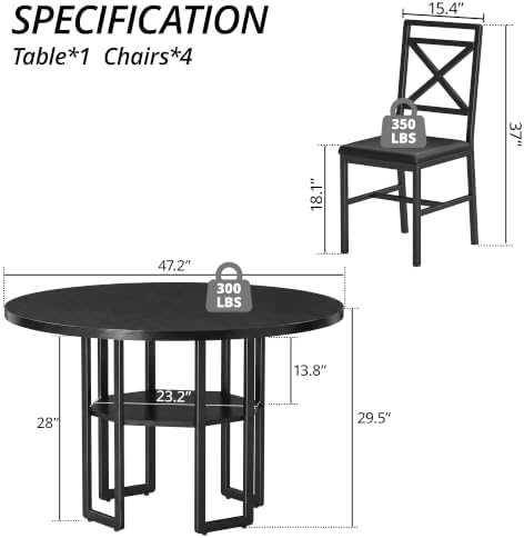 IRONCK Dining Table Set for 4, 47.2 inch Round Kitchen Table and 4 Chairs