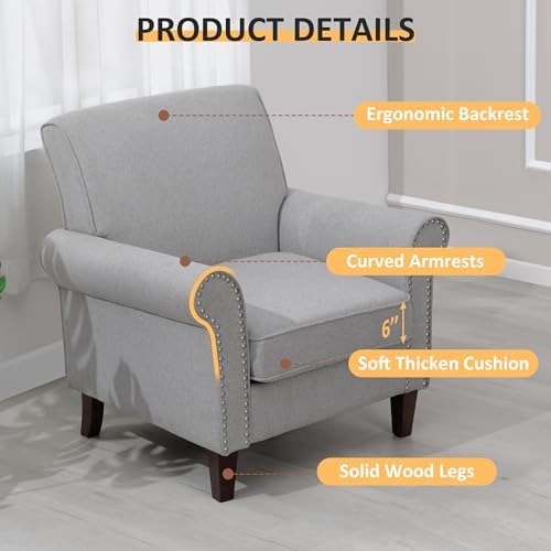 PrimeZone Comfy Accent Chair, Mid-Century Modern Living Room Chair, Grey