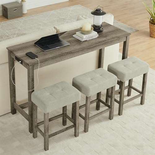 Merax 59" Bar Table Set with Power Outlet,Industrial Breakfast Table wit...