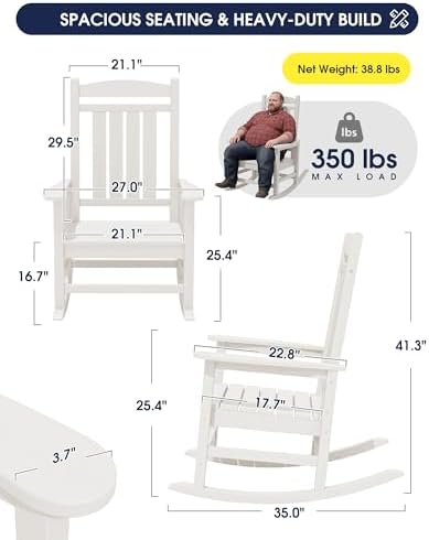KINGYES Oversized Outdoor Rocking Chairs Set of 2, HDPE Porch Rocker, White |...