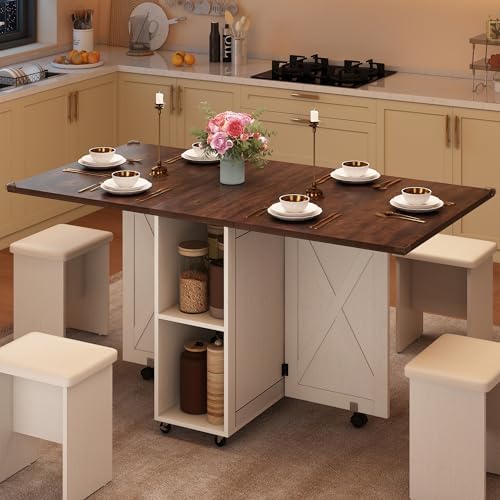 5 PCS Farmhouse Dining Table Set for 4,60" Large Folding Dining Table Se...