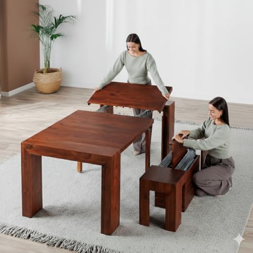 Transformer Table Solid Wood Extendable Dining Table, Red Oak | Seats 2-12, Expandable Dining Room Table, Space-Saving Furniture, Kitchen and Dining Room Furniture, Table + Bench