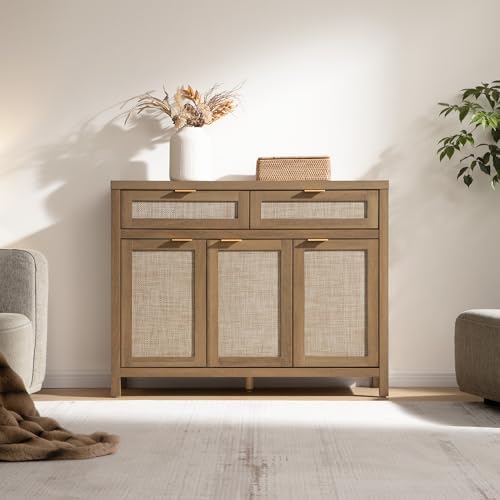 SICOTAS Rattan Sideboard Buffet Cabinet with Storage, Boho Credenza Accent