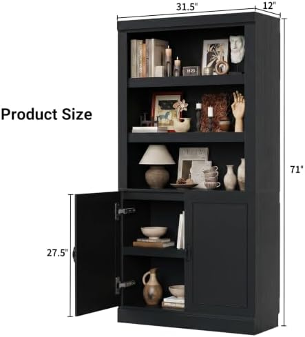 Unikito 71" Tall Bookshelf with Doors and Adjustable Shelves, Black