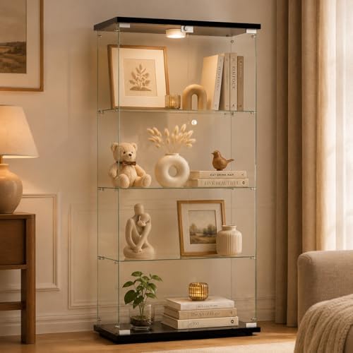 Glass Display Cabinet 4-Shelf 2 Doors with LED Push Light Lockable Glass Disp...