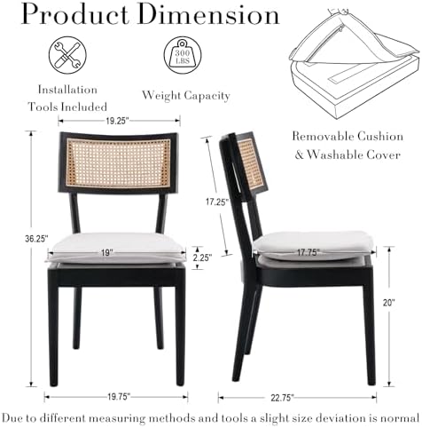 Rattan Dining Chairs Set of 2, Linen Upholstered Kitchen Chairs