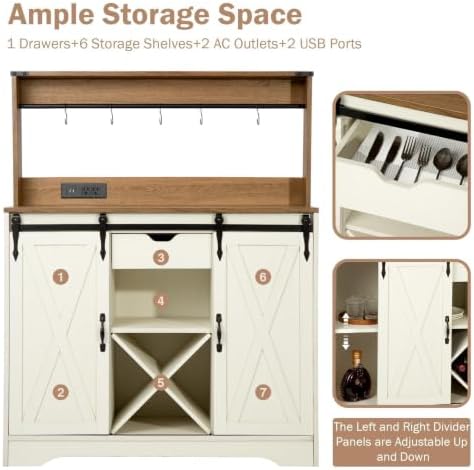 Wnutrees Farmhouse Coffee Bar Cabinet with Charging Station and USB, White