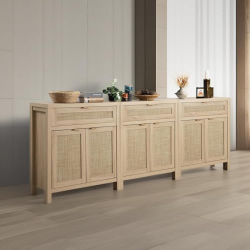 SICOTAS Sideboard Buffet Storage Cabinet Set of 3, Rattan Credenza Buffet