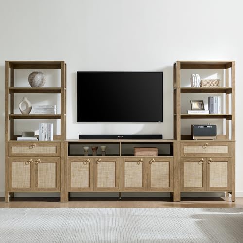 SICOTAS 68.5" Tall Boho Rattan Bookshelf with Single Drawer & Storag...