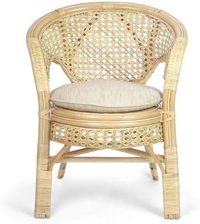 Set of 4 Pelangi Handmade Rattan Dining Wicker Chairs Natural Color w/Cream C...
