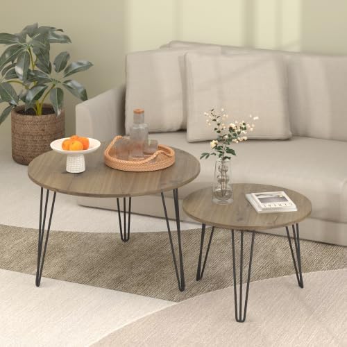 Round Nesting Coffee Tables Set of 2, Marble Grain Top Modern Side Tables | M...
