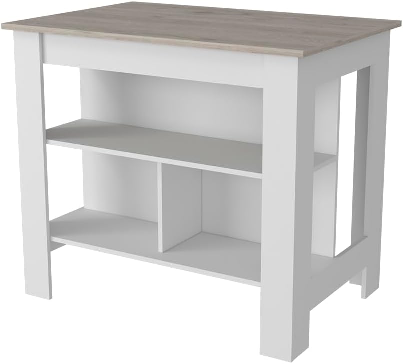 Kitchen Island with Three Shelves Light Gray/White Finish | Tabletop with sil...