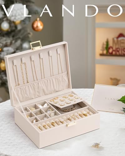 VLANDO Jewelry Box,2-Layer Design with Removable Tray,Apricot Pink | Removable Upper Tray Separates Rings and Earrings, Lower Space for Bracelets, Birthday Gift, Bedroom Dresser