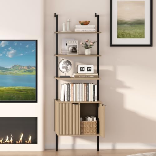 Yusong 73" Tall Bookshelf with Cabinet, Industrial Ladder Wall Mount She...