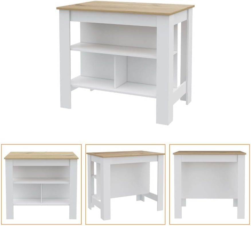 3-Shelf Kitchen Island White and Light Oak with Particle Board | Transitional...