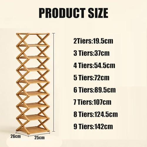 Foldable Shoe Rack, 9-Tier Bamboo Vertical Shoe Organizer, Narrow Space-Saving Shelf, No-Tools Assembly, Expandable Storage for Closet, Entryway, Corner, Bedroom (Natural, 6 Tire)