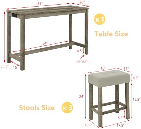 Merax 59" Bar Table Set with Power Outlet,Industrial Breakfast Table wit...