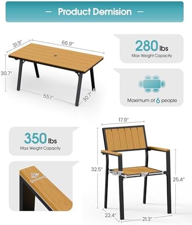 Aluminum Outdoor Dining Set of 6, Patio Table and Stackable Chairs, Teak