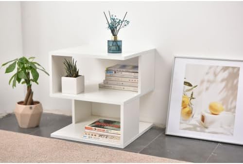 15.7" Modern White 2-Tier Side Table, Minimalist Engineered Wood End Tab...