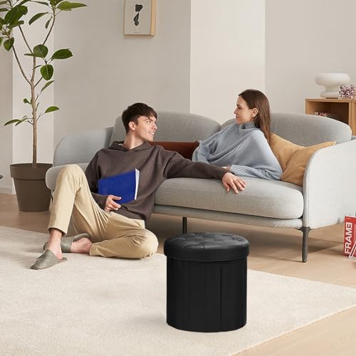 Bsketa Round Storage Ottoman, 14" Folding Leather Foot Rest Stool, Black
