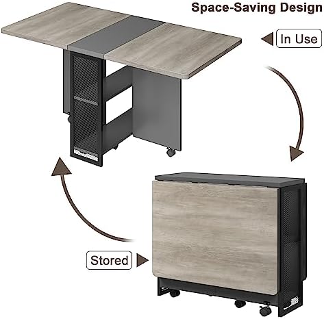 IDEALHOUSE FoldingTable, Drop Leaf Dining Table with 6 Wheels and 2-Layer Sto...