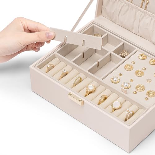 VLANDO Jewelry Box,2-Layer Design with Removable Tray,Apricot Pink | Removable Upper Tray Separates Rings and Earrings, Lower Space for Bracelets, Birthday Gift, Bedroom Dresser