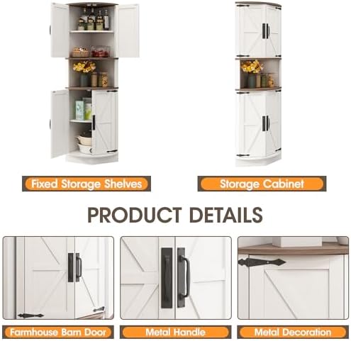 Vabches 64.8" Tall Farmhouse Corner Cabinet with 4 Doors and 5 Storage S...