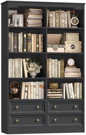 FINETONES 71" Tall Bookshelf with 4 Drawers Black Bookshelf Office Bookcase